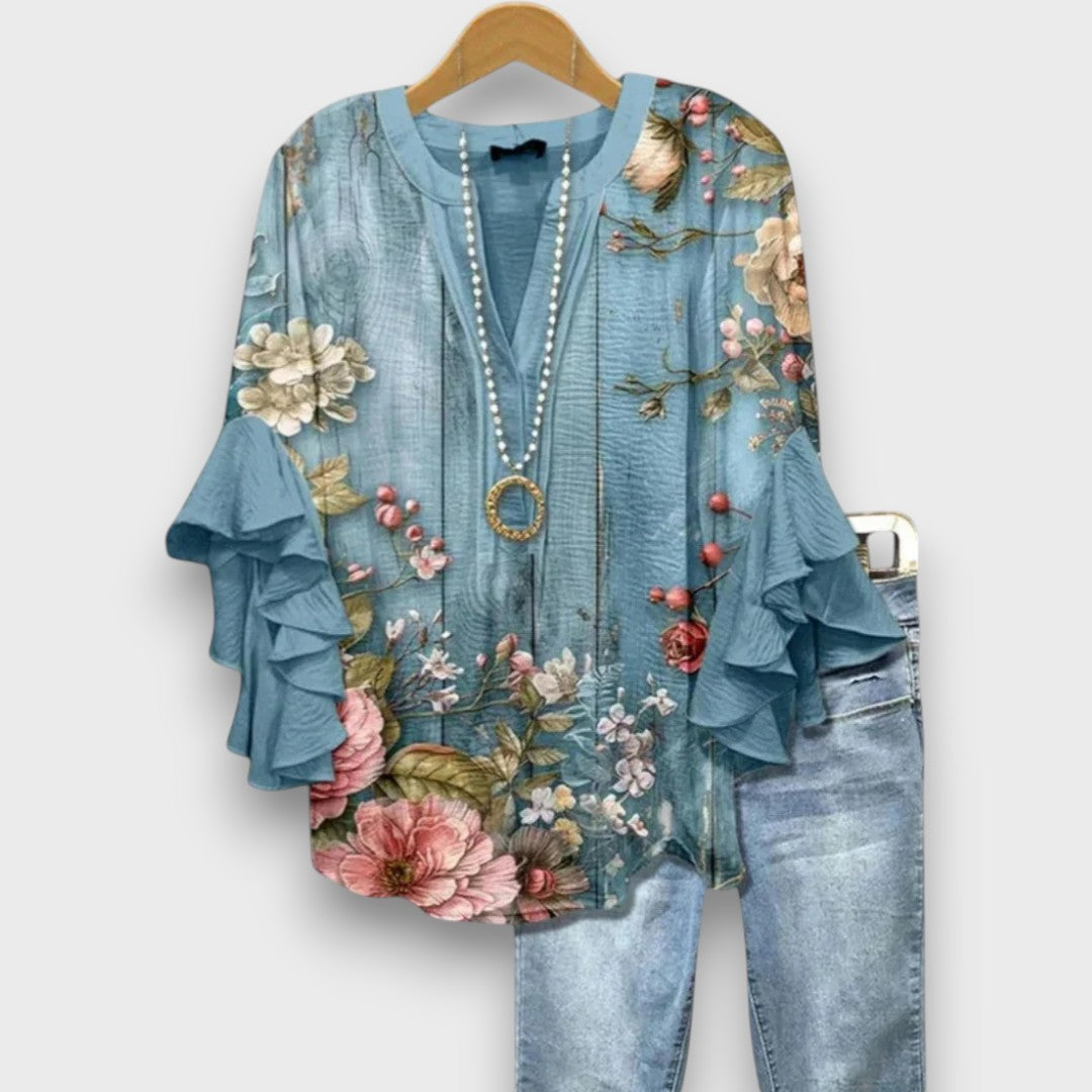 Blusa da donna con scollo a V, maniche con volant e stampa floreale