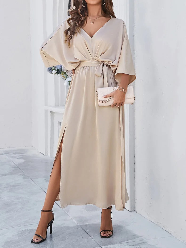 Maxi abito da donna con scollo a V, manica a pipistrello, cintura con fiocco e spacco
