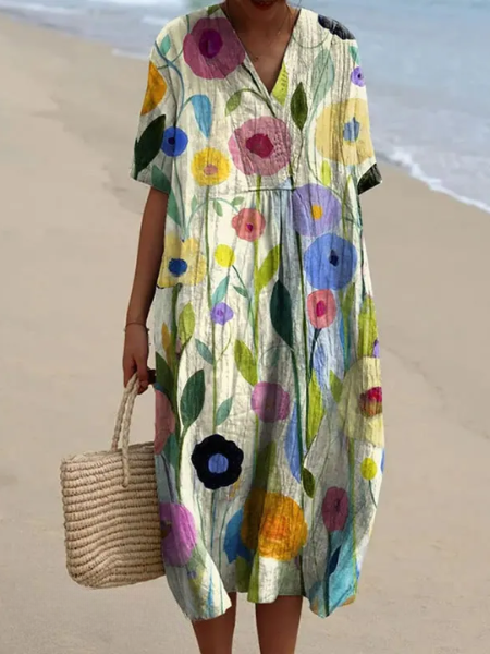 Vestito midi da donna con scollo a V e maniche corte con stampa floreale