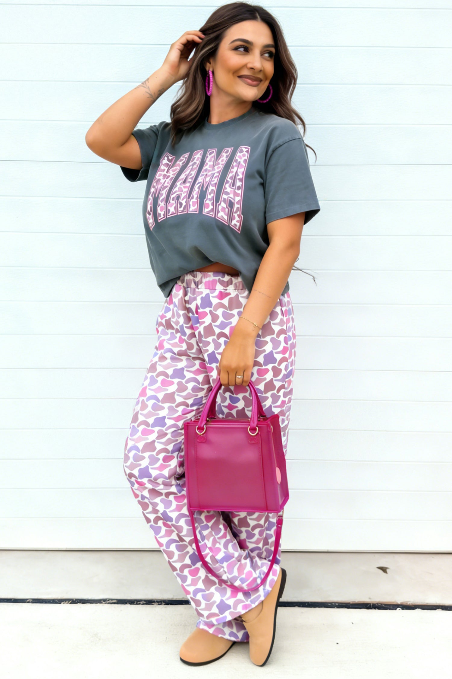 Medium Gray Coordinated Set with MAMA T-shirt and Camouflage Pants