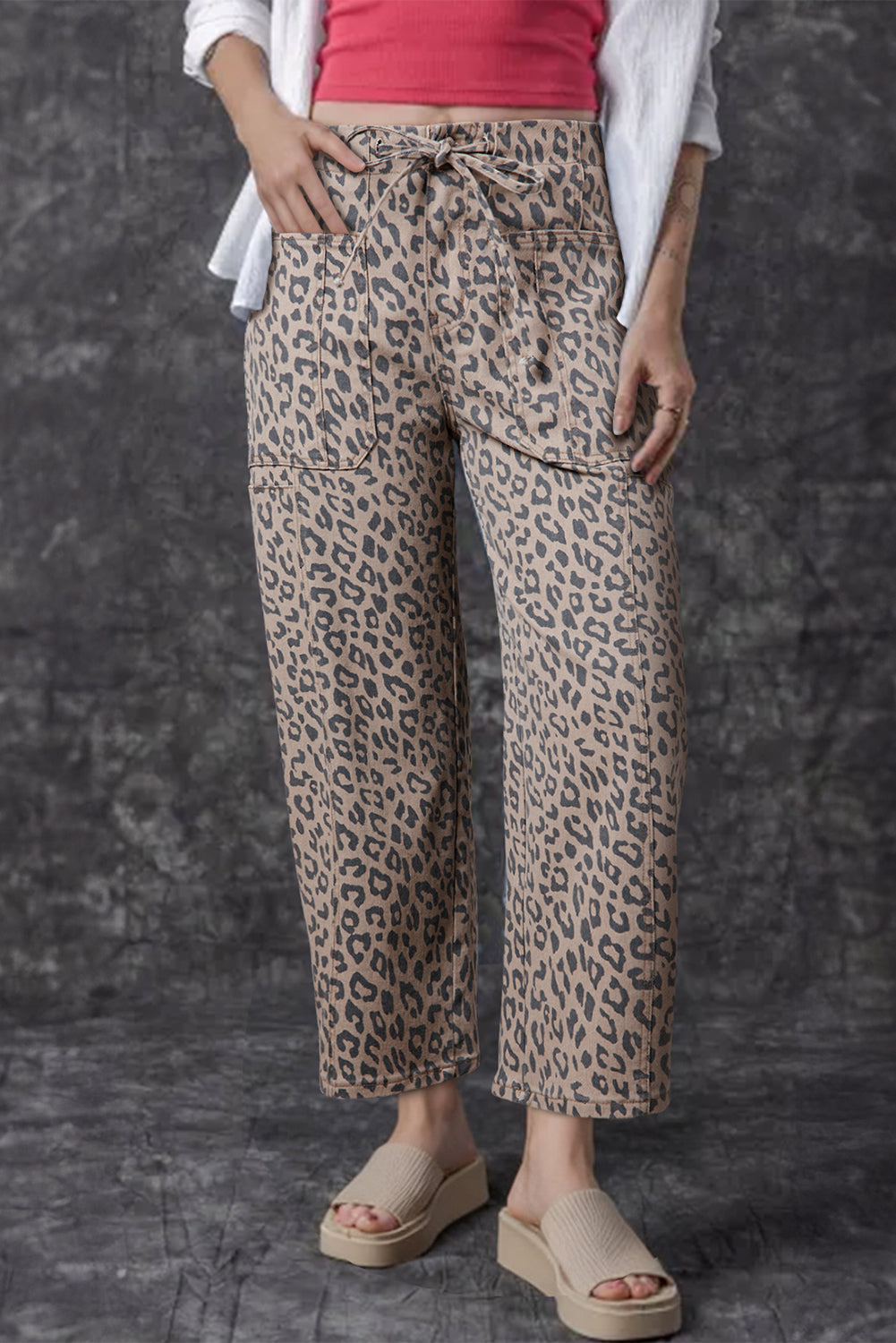 Jeans a Gamba Larga con Stampa Leopardata, Coulisse ed Elastico in Vita