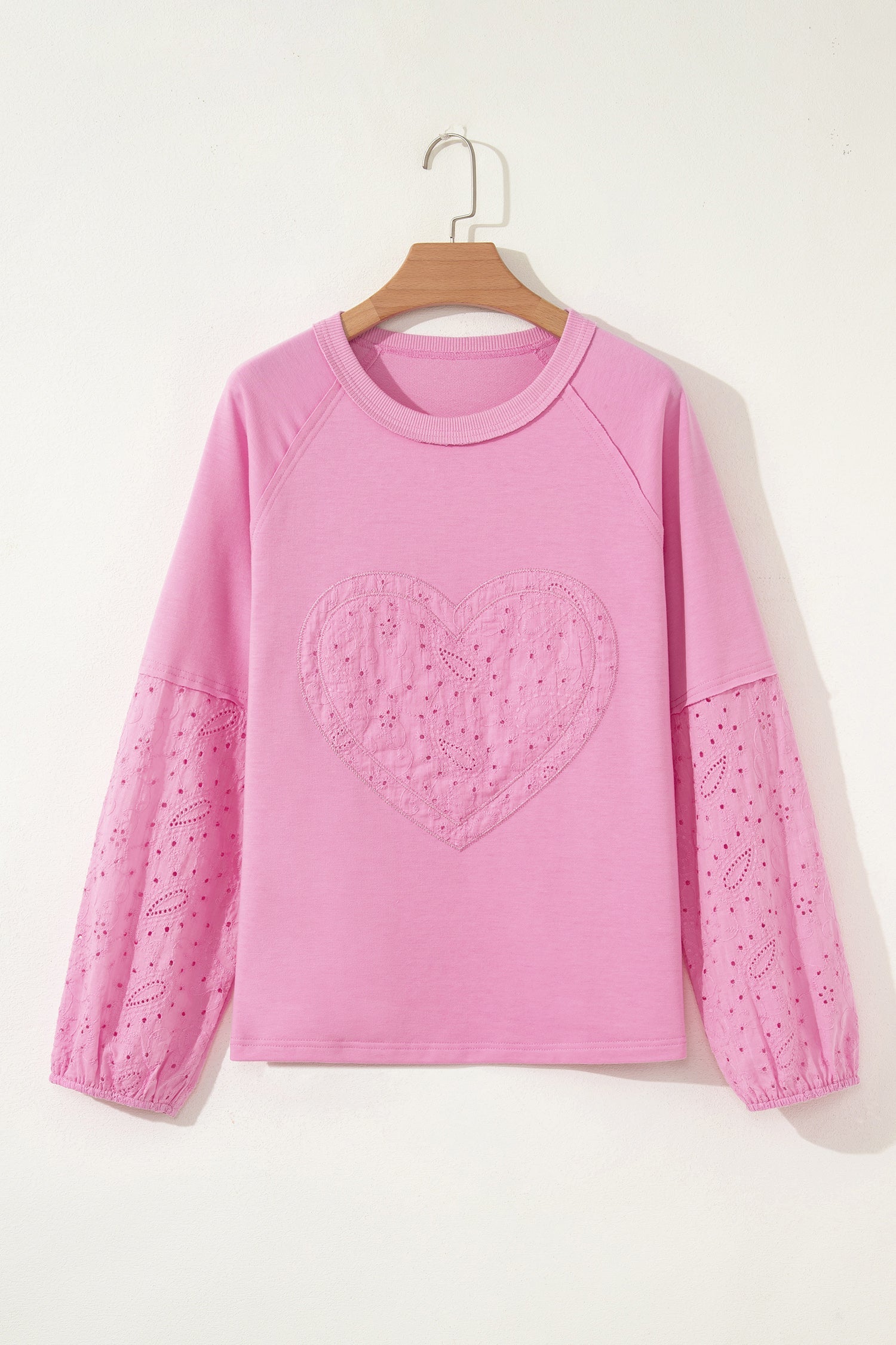 Top Patchwork Rosa con Motivo Paisley, Cuori di San Valentino e Ricamo Inglese a Maniche Lunghe