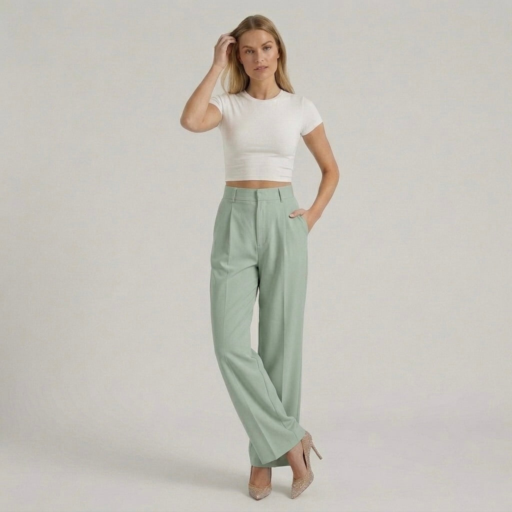 Calças elegantes de senhora de perna larga – calças de cintura subida casual chic