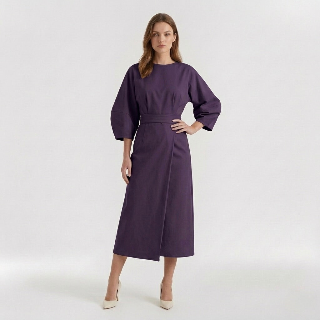 Elegant Long-Sleeve Midi Dress for Women – Casual Chic Dress with Belt