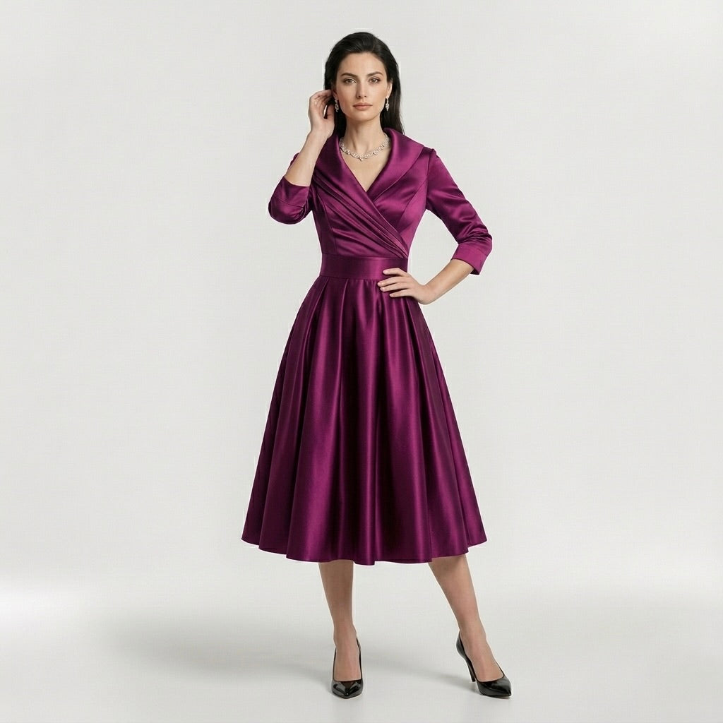 Vestido midi feminino elegante de mangas longas - vestido clássico evasê com cinto