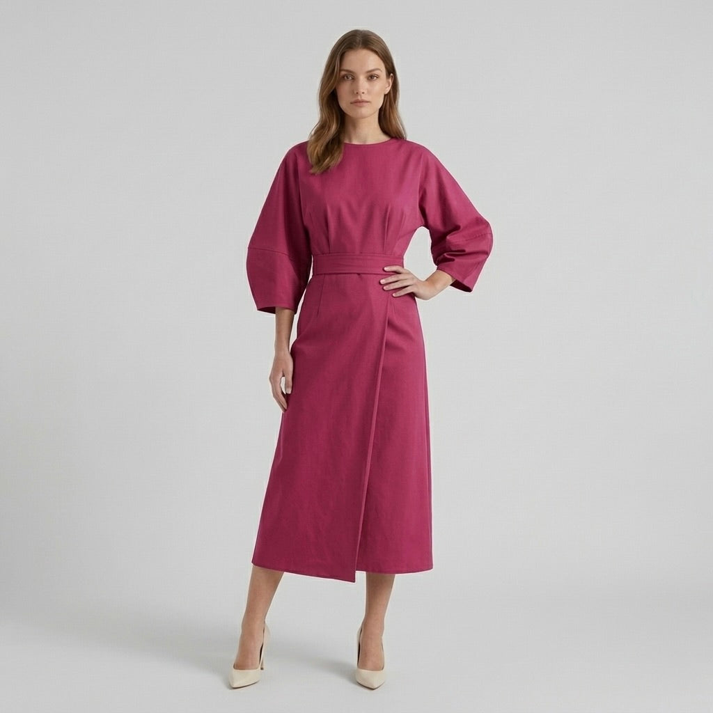 Elegant Long-Sleeve Midi Dress for Women – Casual Chic Dress with Belt