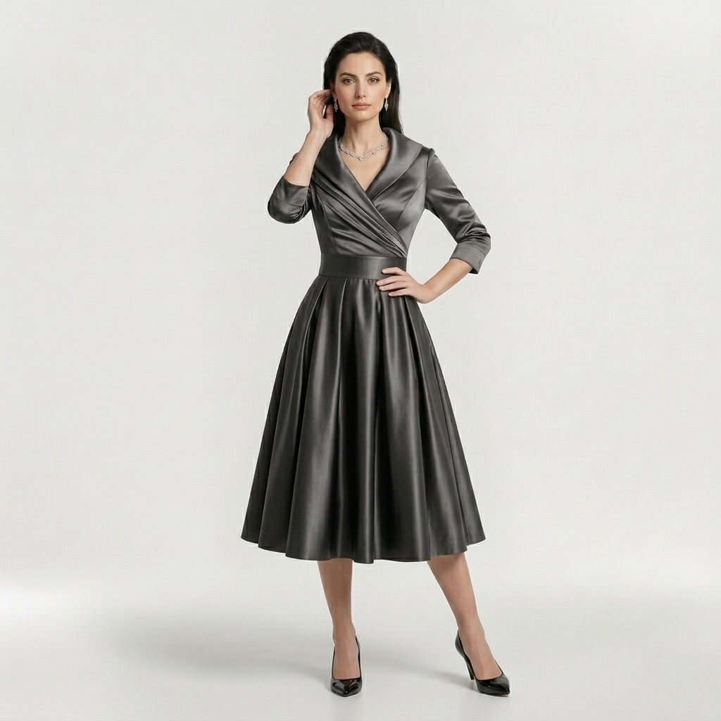 Vestido midi feminino elegante de mangas longas - vestido clássico evasê com cinto