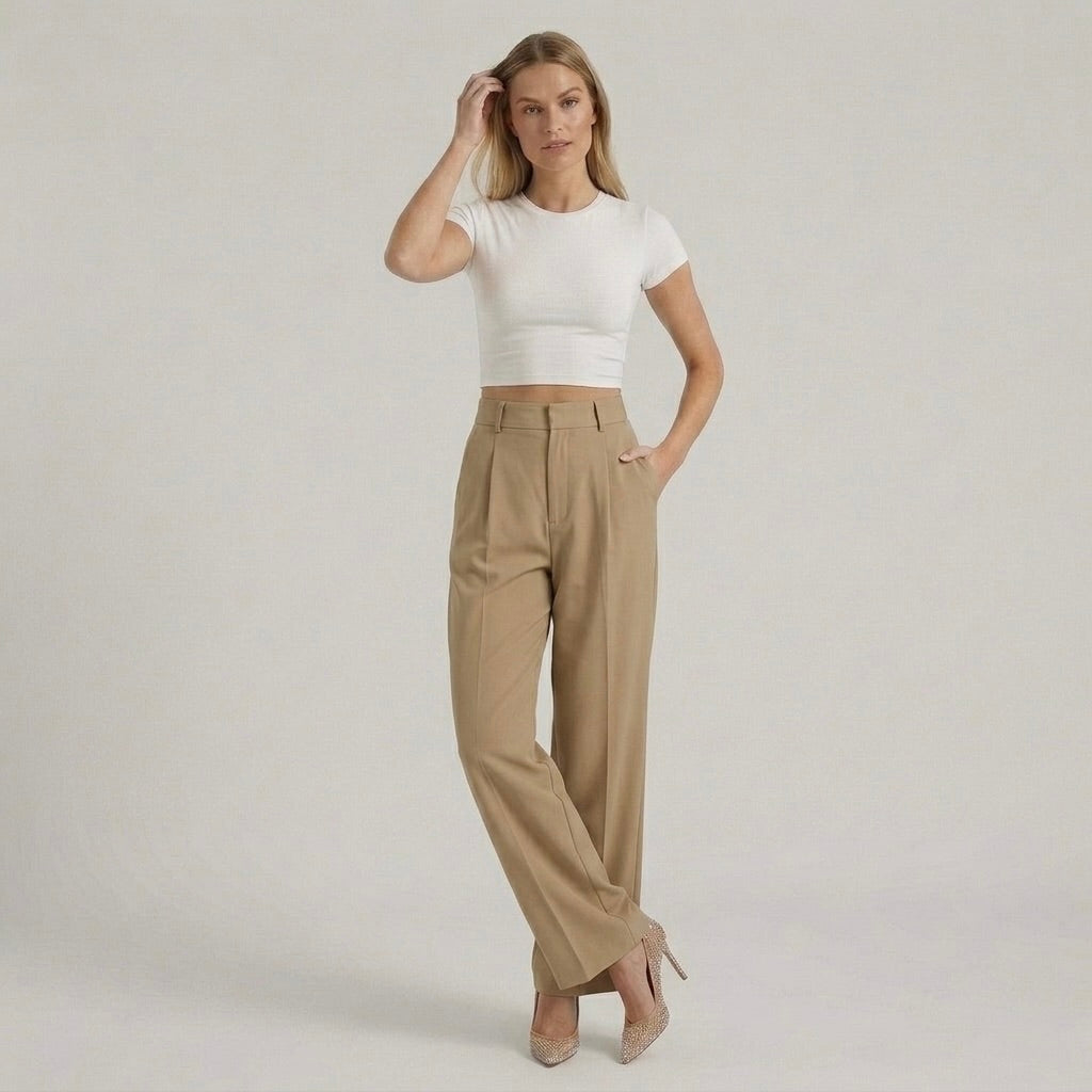 Calças elegantes de senhora de perna larga – calças de cintura subida casual chic