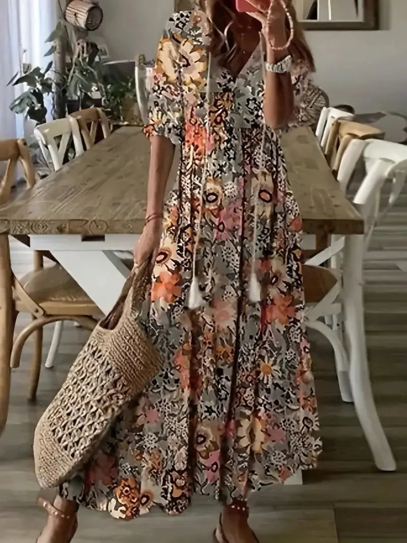 Vestido Boho Charm para Mujer – Elegante Vestido de Verano con Volantes, Escote en V y Estampado Ikat