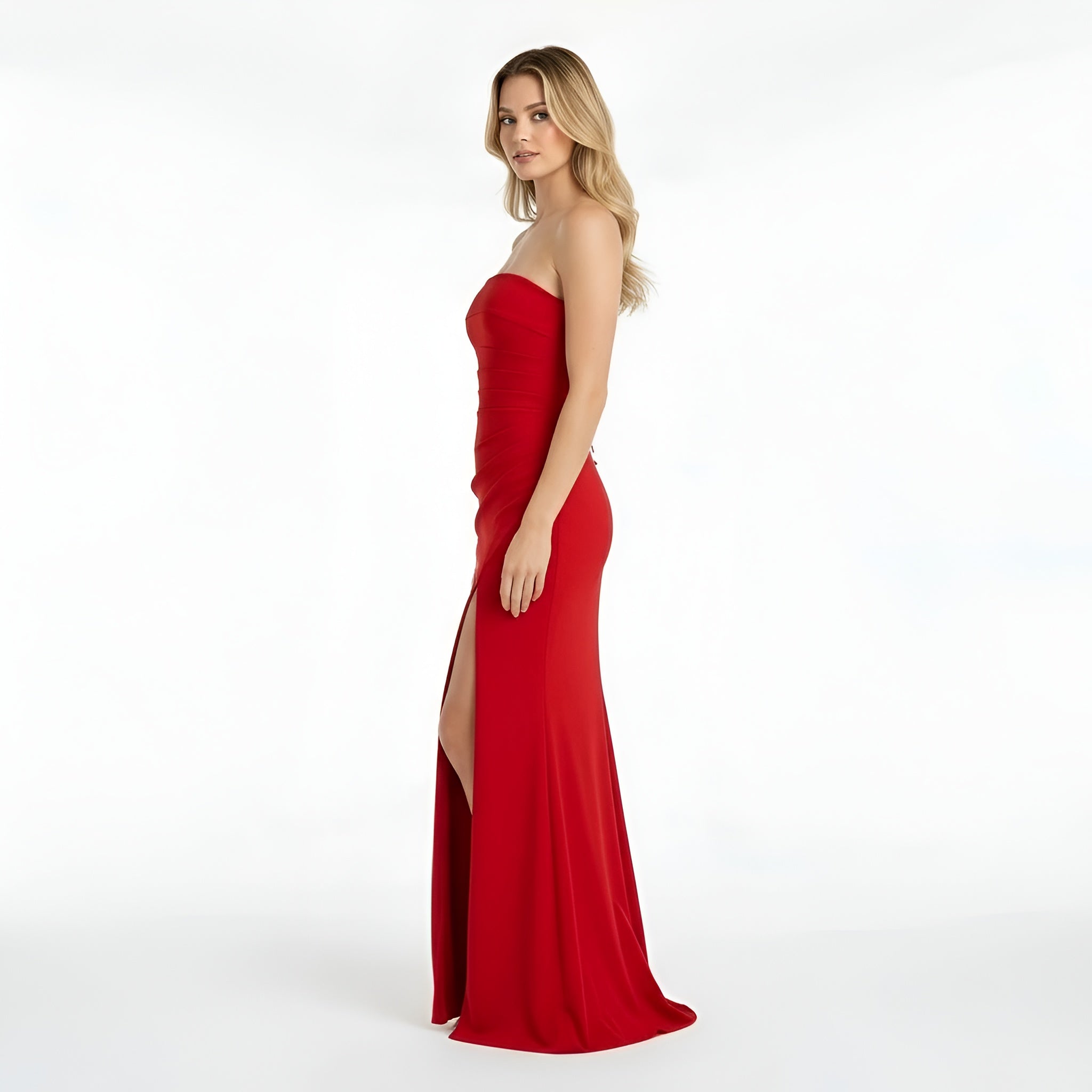 Vestito lungo donna elegante aderente abito sera senza spalline spacco alto