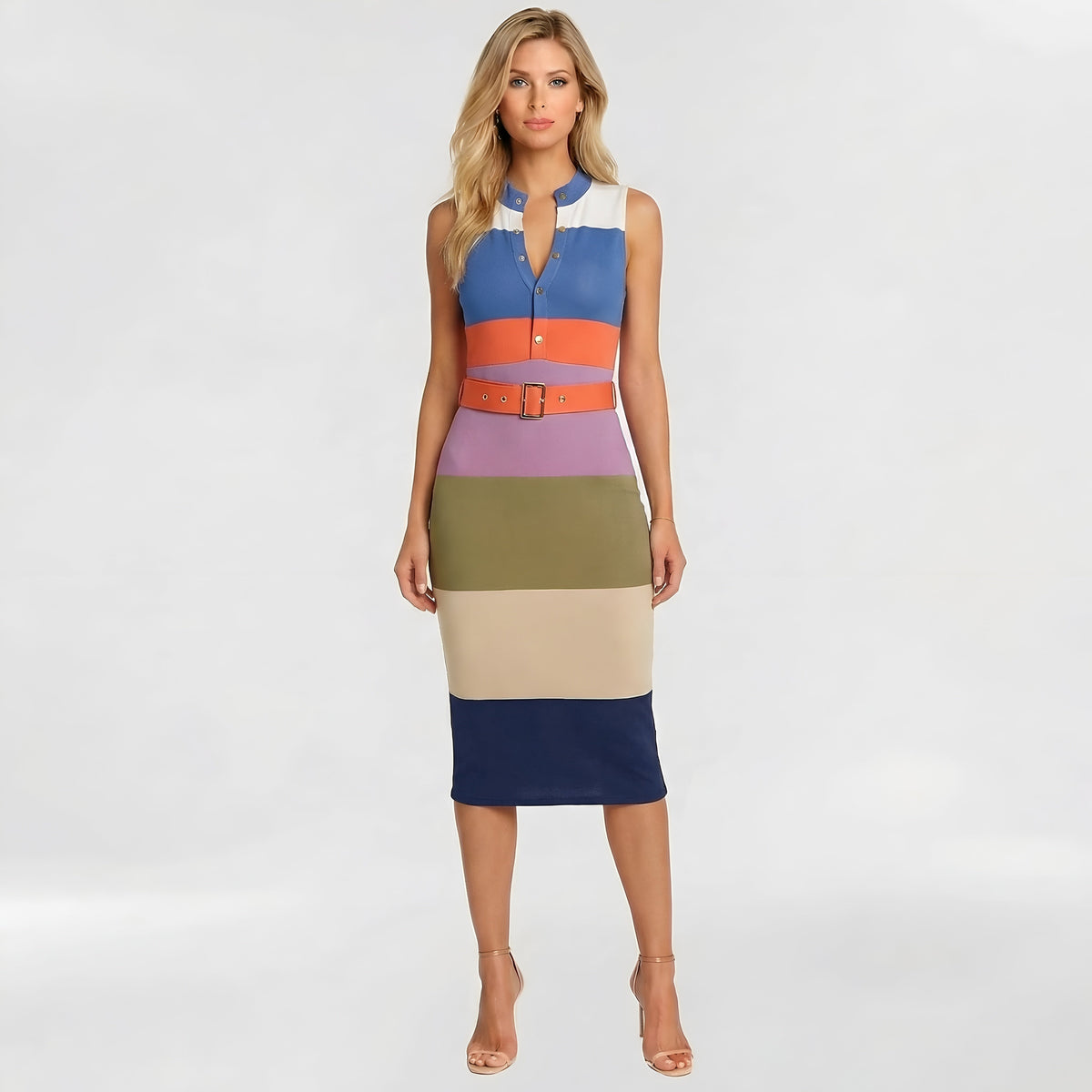 Damska dopasowana sukienka midi bez rękawów, elegancka slim fit, z paskiem
