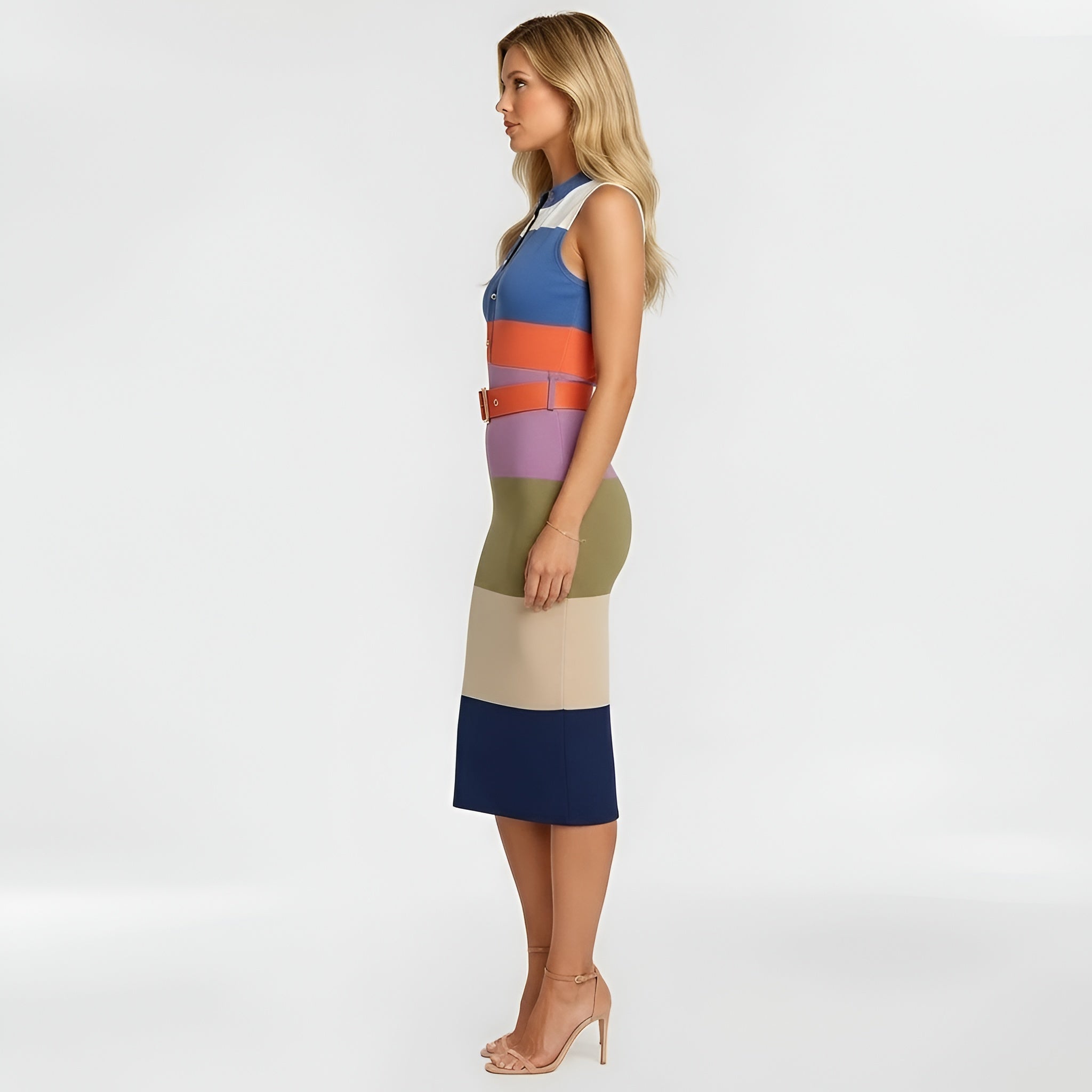 Dámské přiléhavé midi šaty bez rukávů, elegantní slim fit šaty s páskem