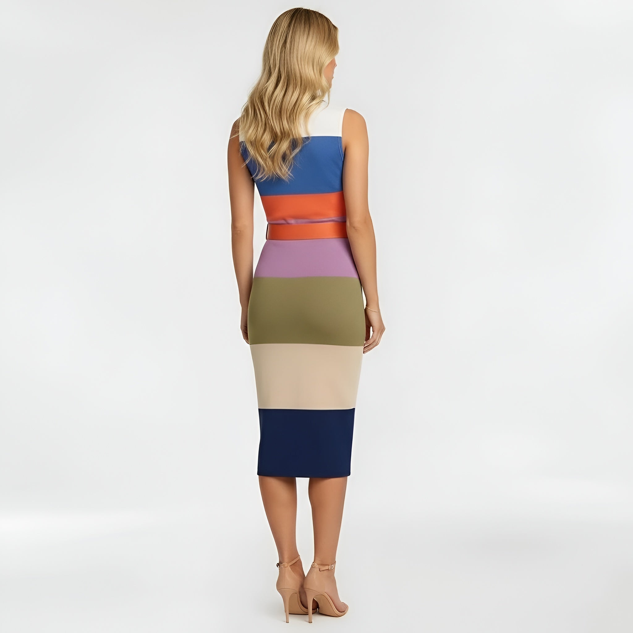 Dámské přiléhavé midi šaty bez rukávů, elegantní slim fit šaty s páskem