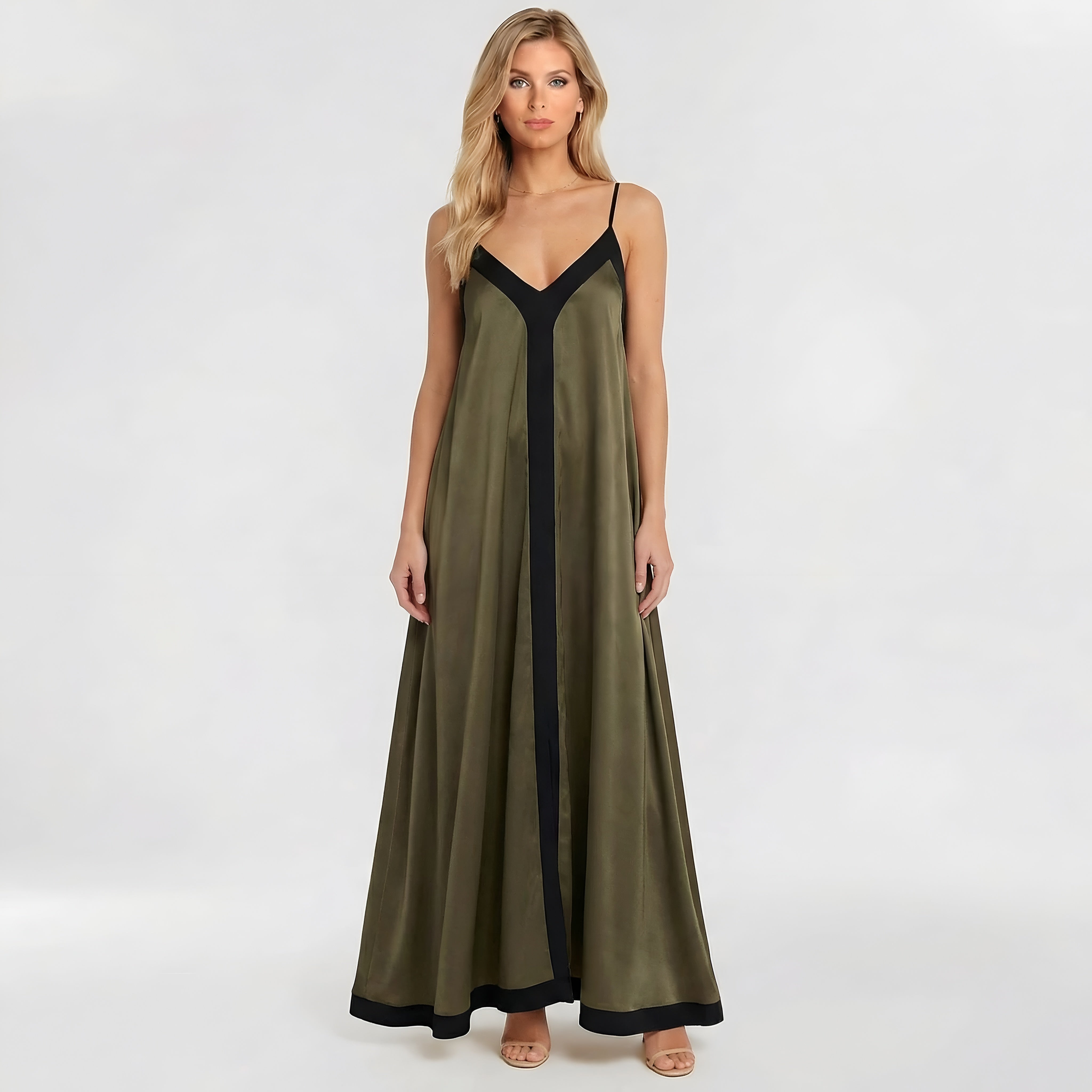 Women's elegant long dress with thin straps, maxi evening dress with V-neck