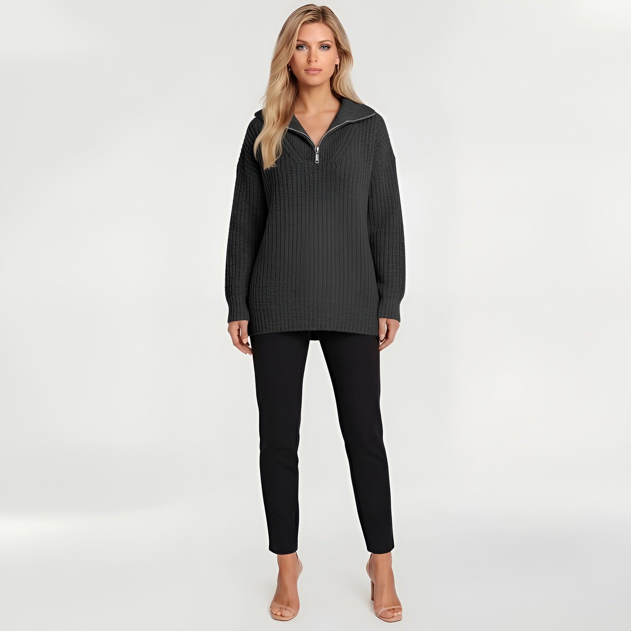 Maglione lungo donna con zip colletto alto maglia oversize casual a coste