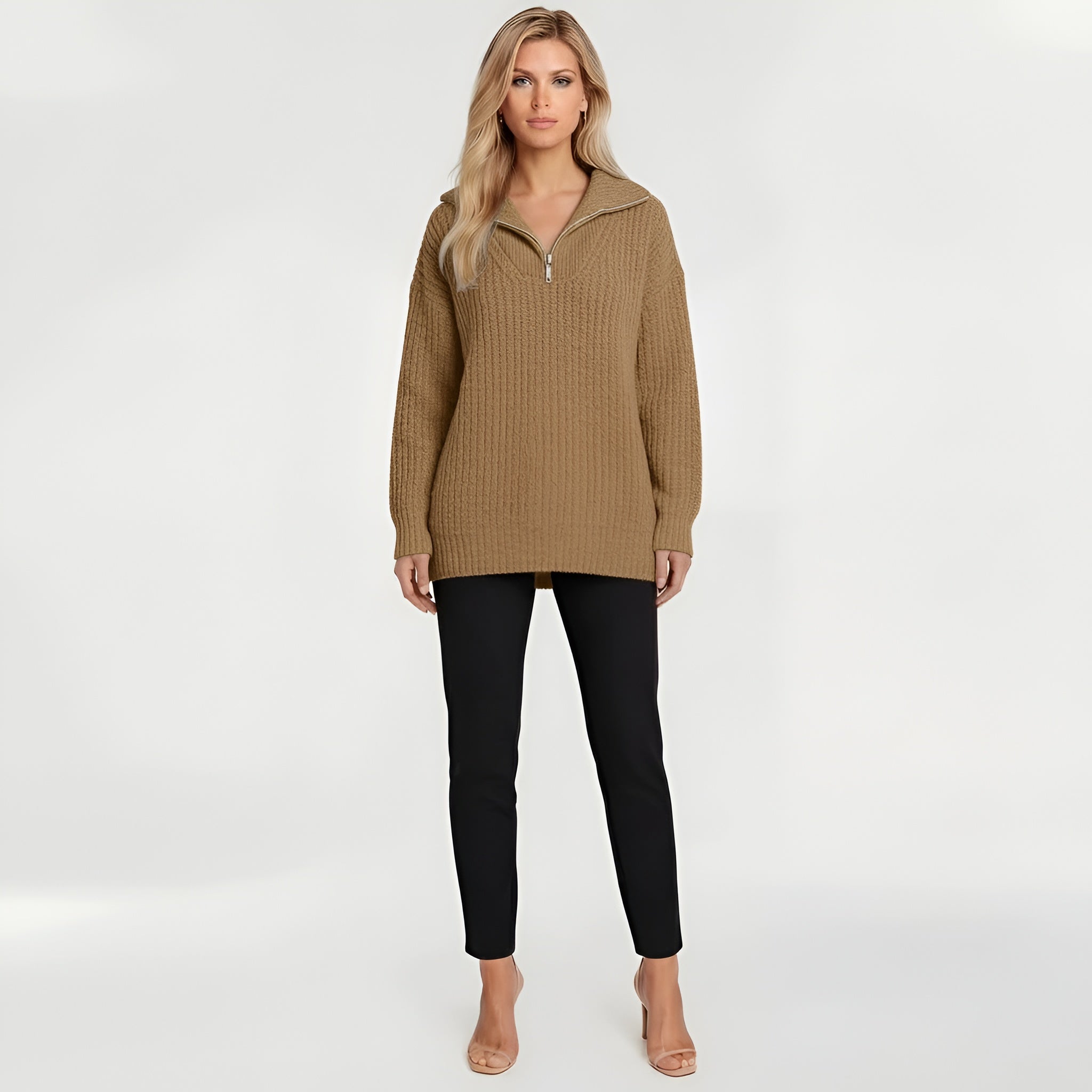 Maglione lungo donna con zip colletto alto maglia oversize casual a coste