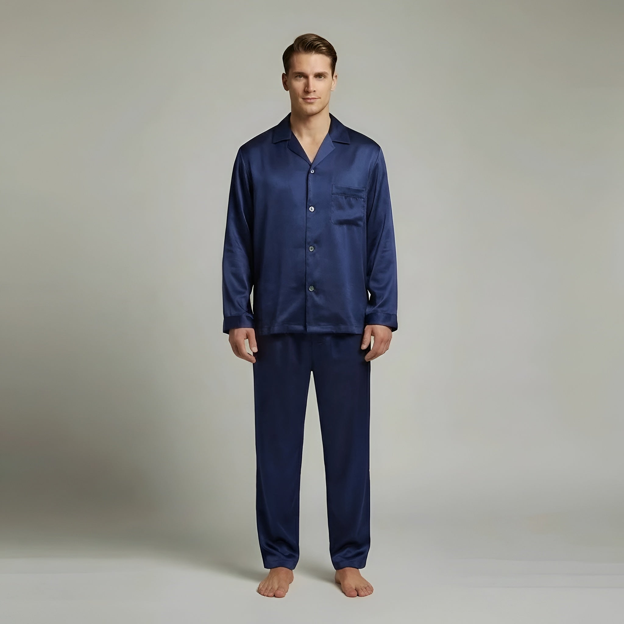 Pigiama Uomo in Raso Camicia e Pantaloni Set Notte Elegante Maniche Lunghe