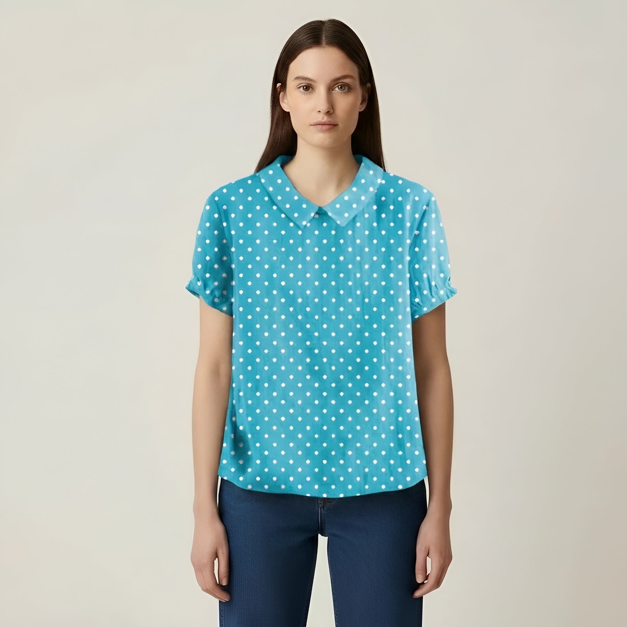Blusa Donna a Pois Maniche Corte Camicia Casual Colletto Abbigliamento Donna