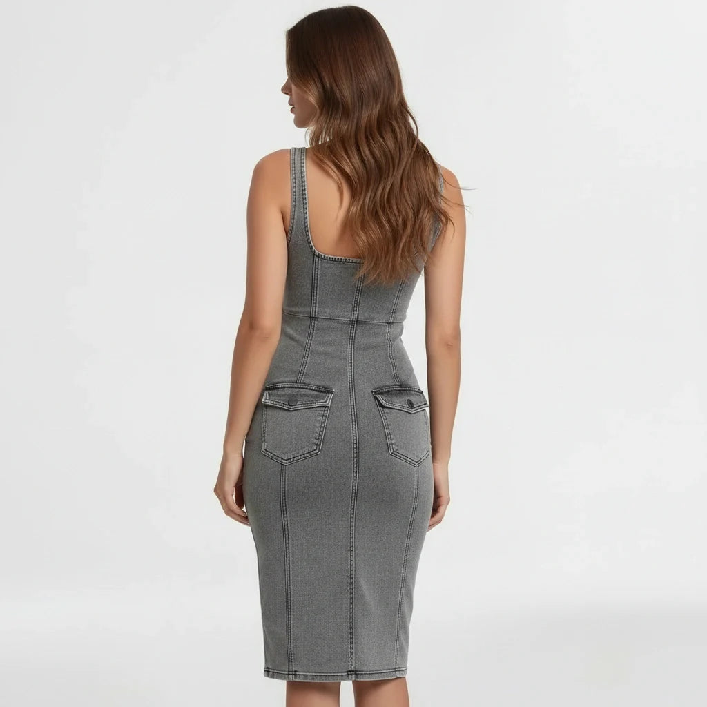 Vestito aderente donna in denim midi con spacco e zip frontale stile bodycon