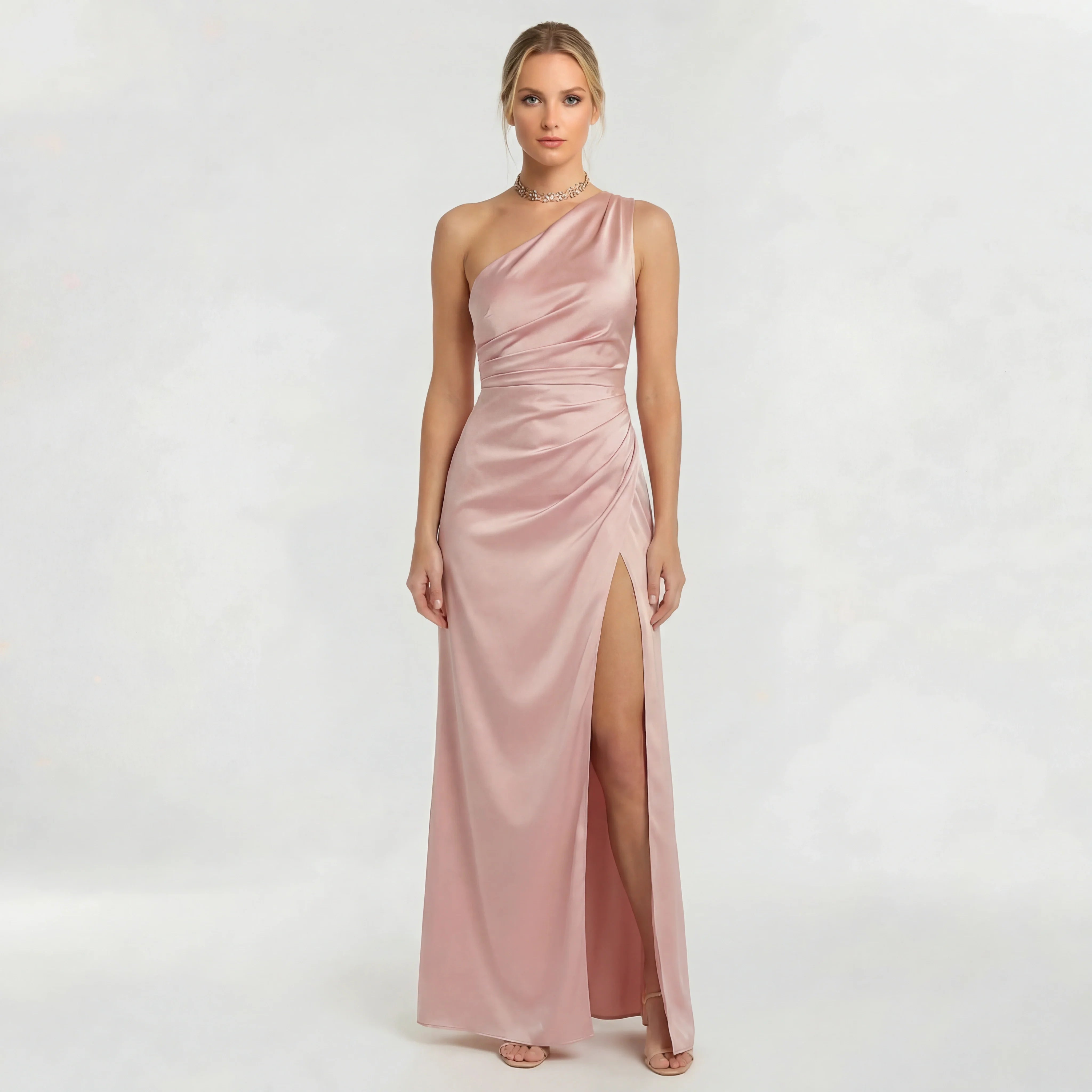 Women's elegant long one-shoulder dress with high slit, fitted evening dress