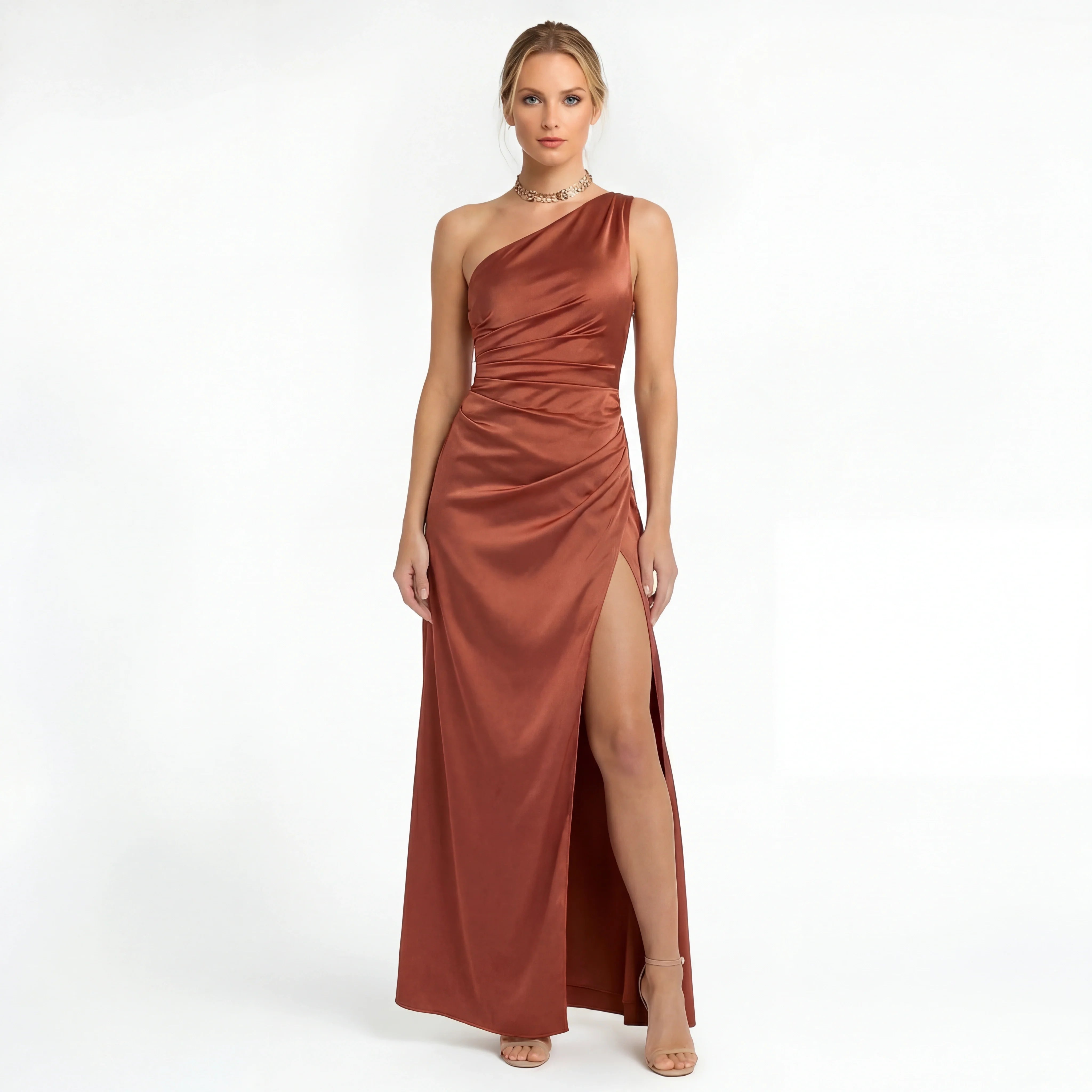 Women's elegant long one-shoulder dress with high slit, fitted evening dress