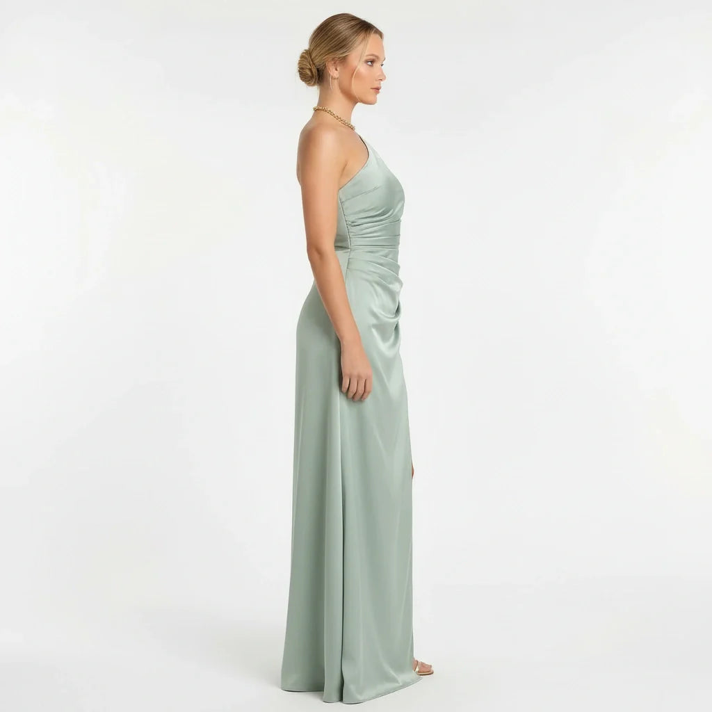 Women's elegant long one-shoulder dress with high slit, fitted evening dress