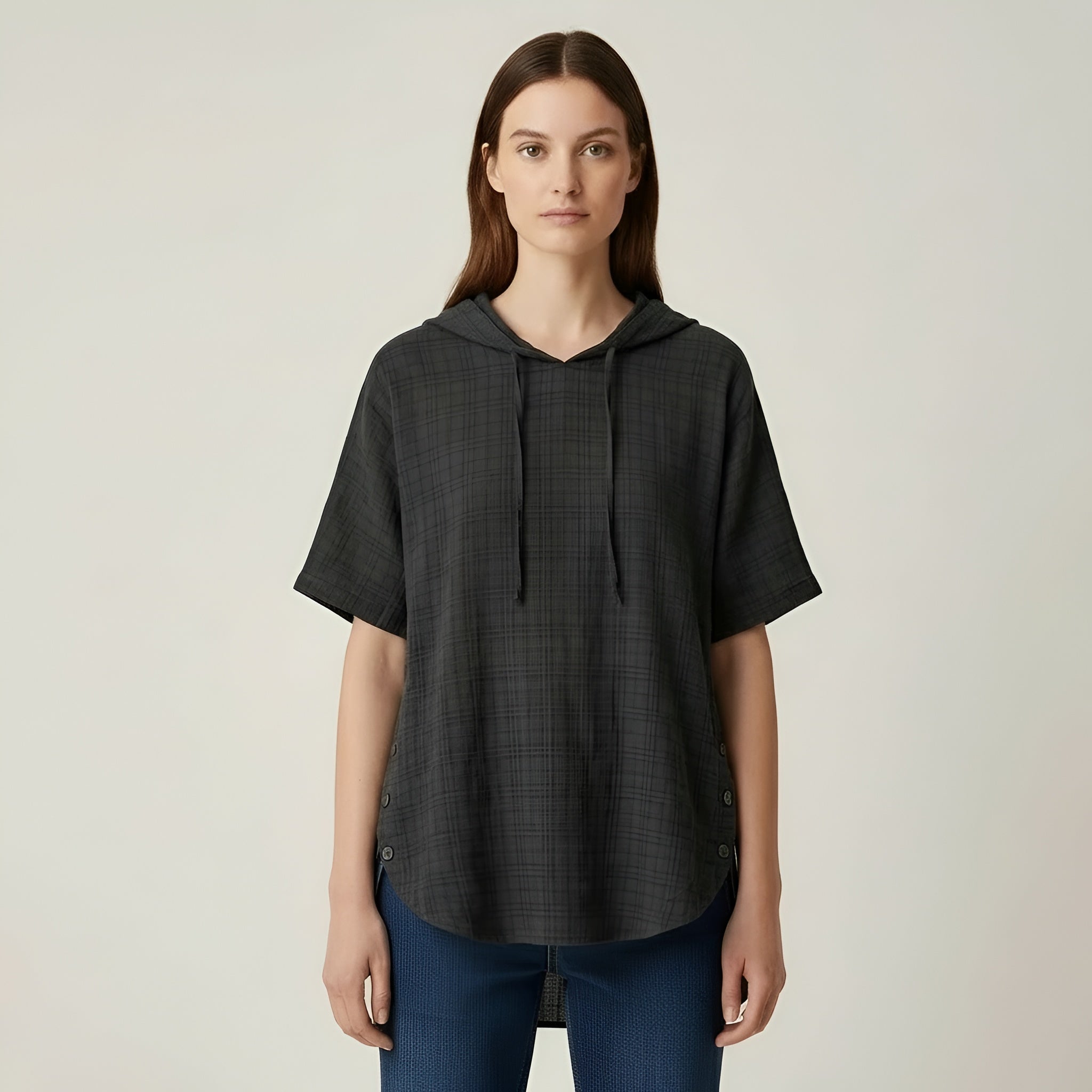 Women's oversized cotton blouse with short sleeves, loose casual tunic with buttons