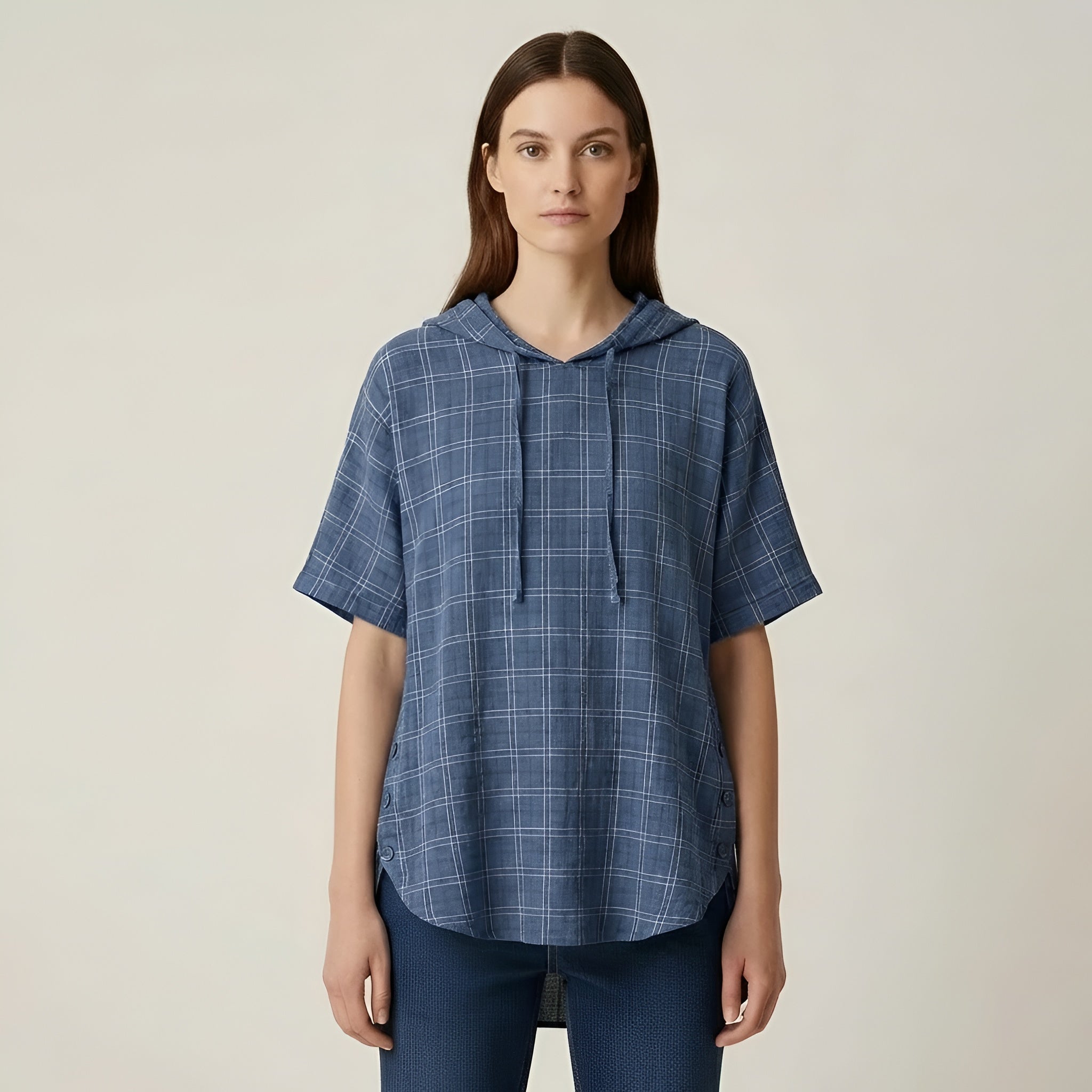 Women's oversized cotton blouse with short sleeves, loose casual tunic with buttons