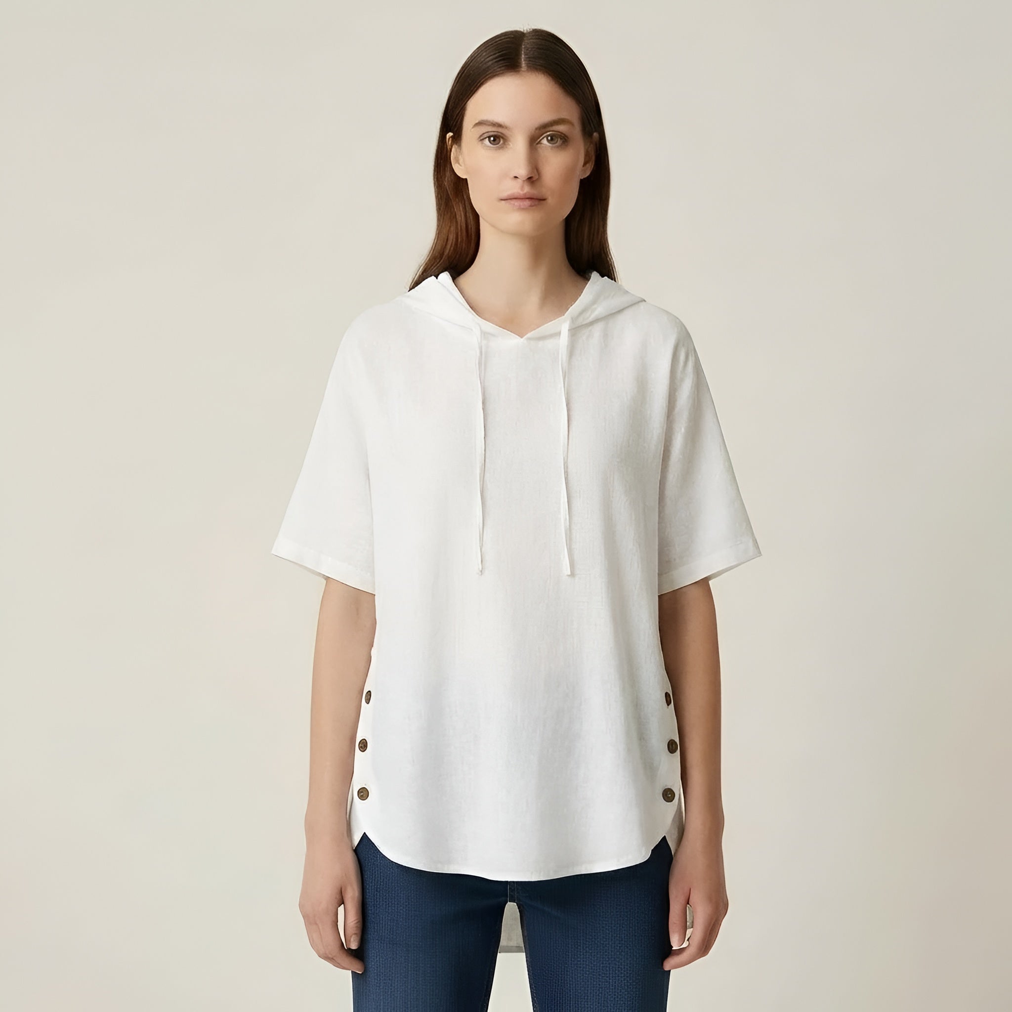 Women's oversized cotton blouse with short sleeves, loose casual tunic with buttons