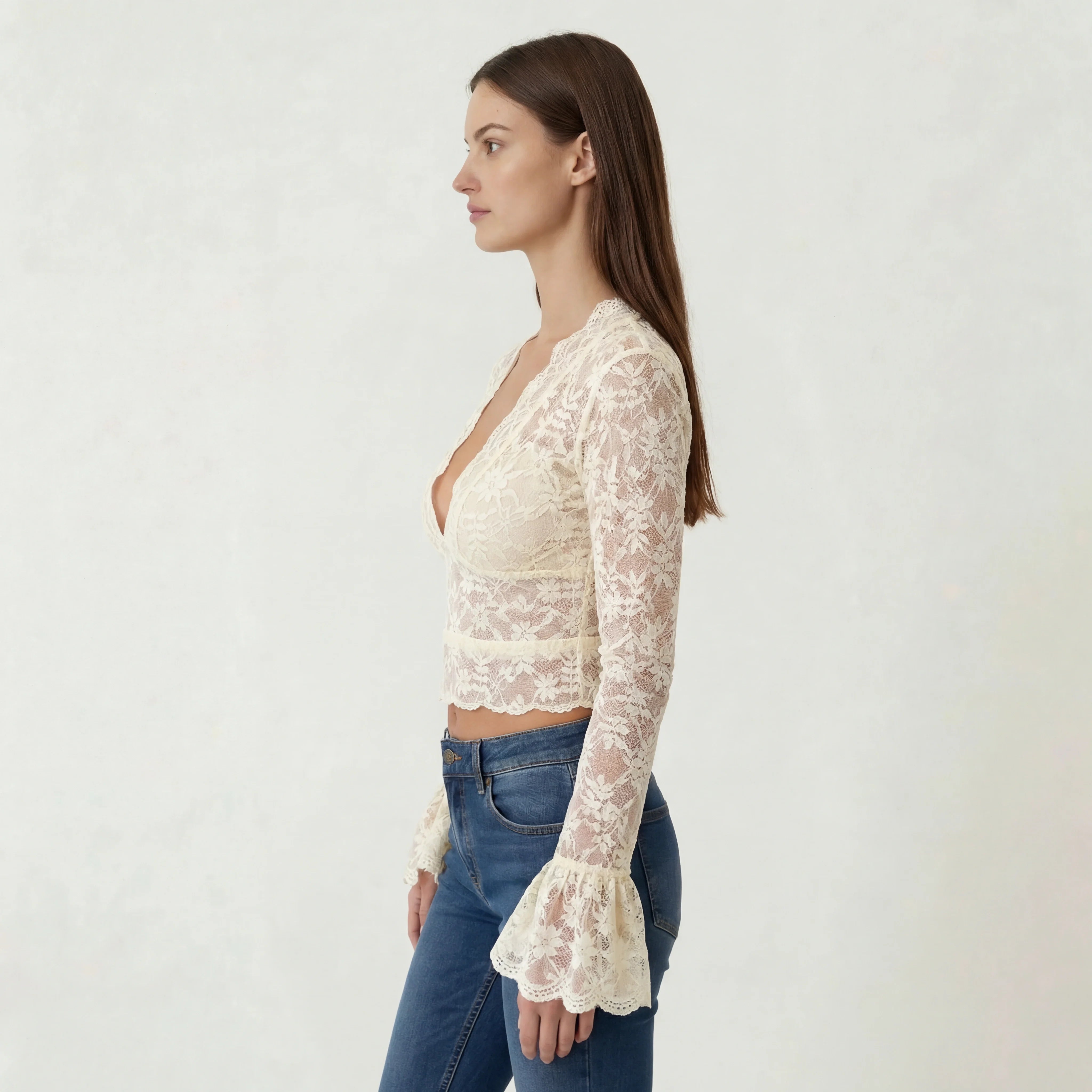 Blusa Donna in Pizzo Scollo a V Maniche Lunghe Top Elegante Slim Fit Casual