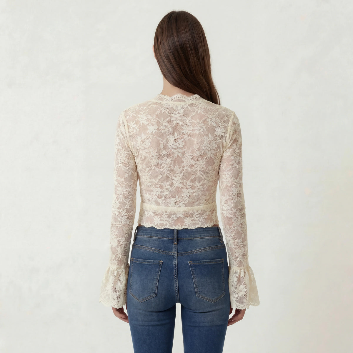 Blusa Donna in Pizzo Scollo a V Maniche Lunghe Top Elegante Slim Fit Casual