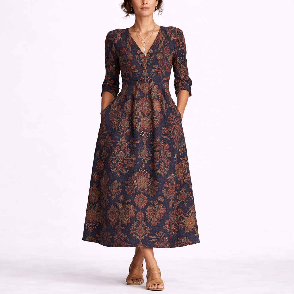 Robe midi fleurie pour femme avec col en V et manches trois-quarts