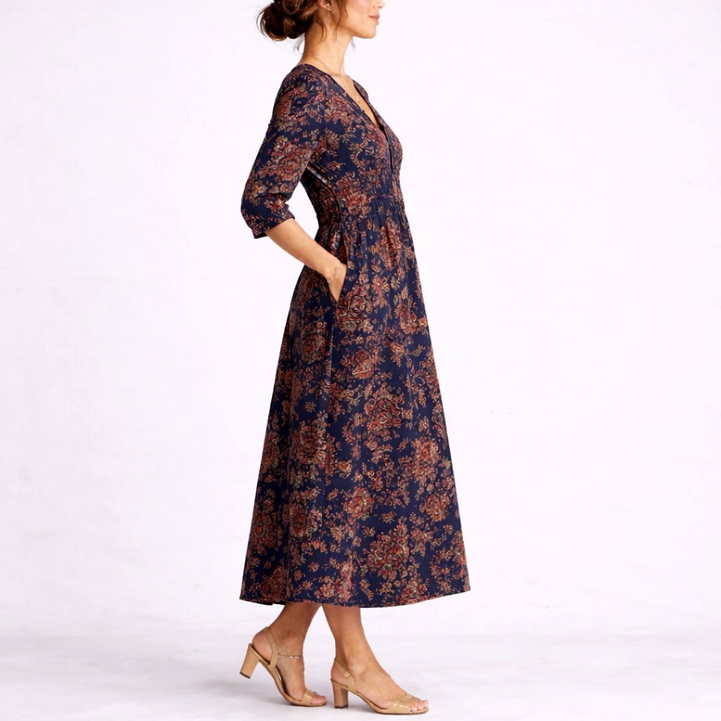 Robe midi fleurie pour femme avec col en V et manches trois-quarts