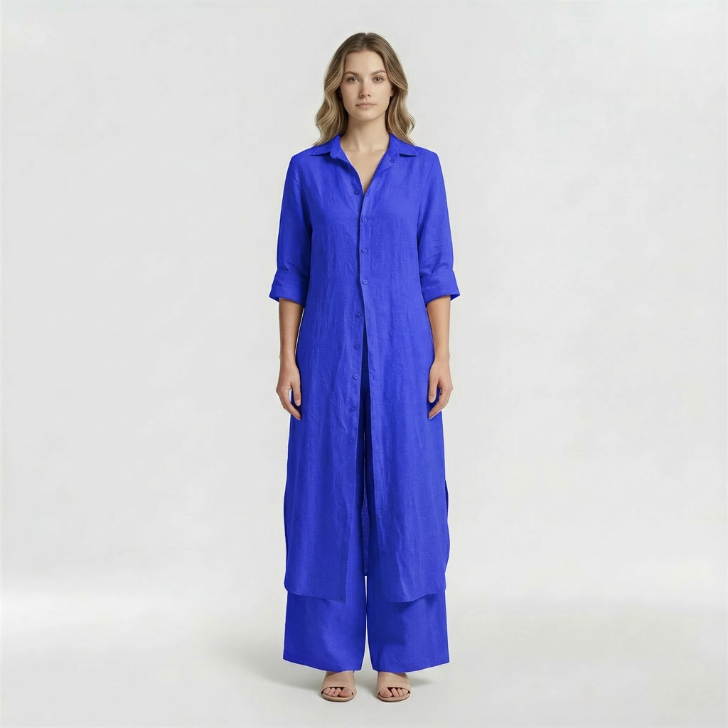 Dámský elegantní ležérní dvoudílný komplet dlouhá košile a bavlněné kalhoty
