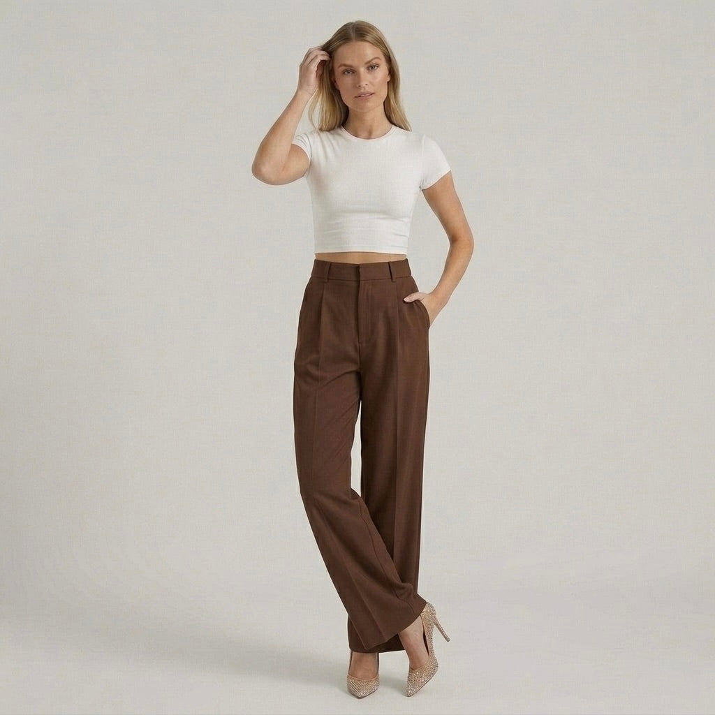 Calças elegantes de senhora de perna larga – calças de cintura subida casual chic