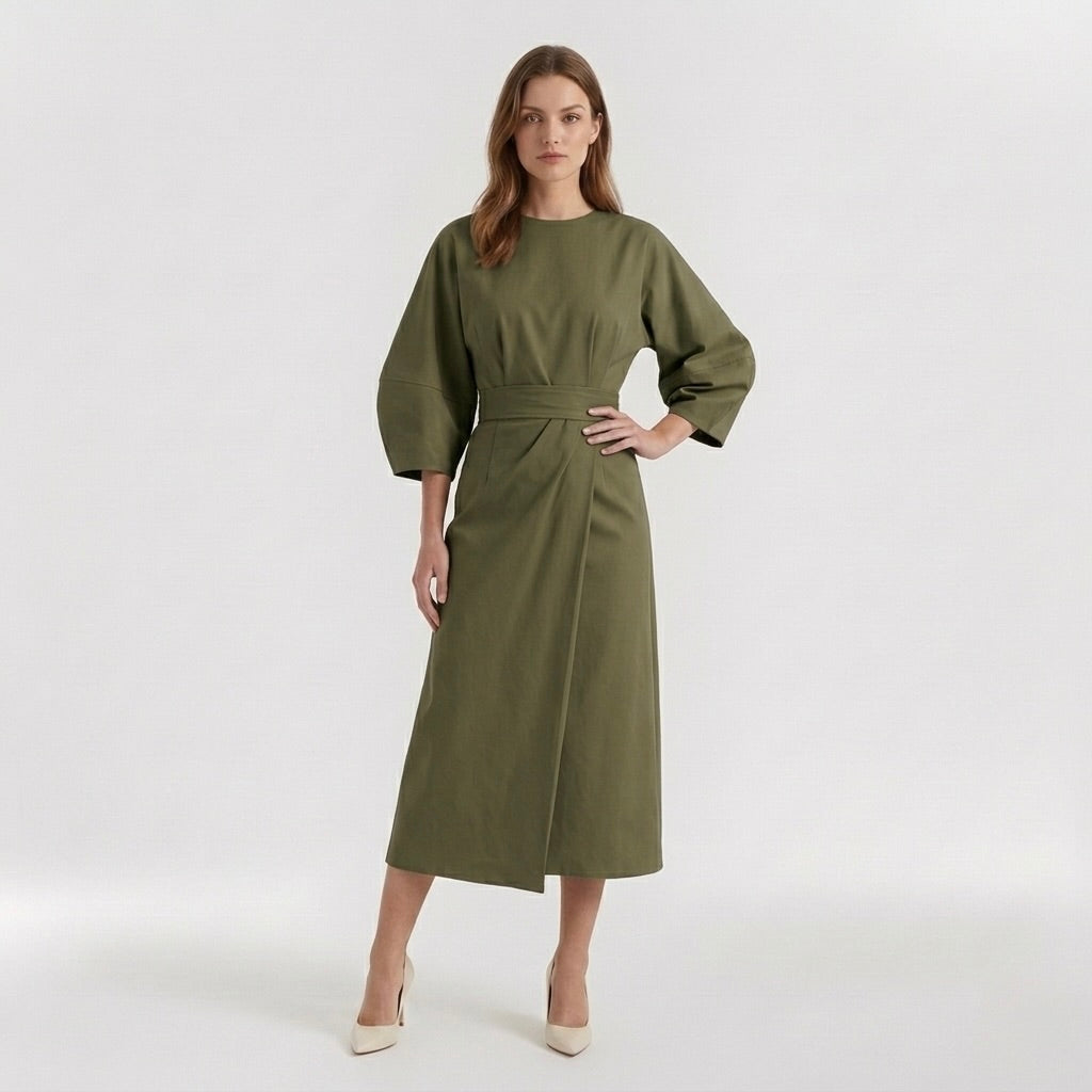 Elegant Long-Sleeve Midi Dress for Women – Casual Chic Dress with Belt