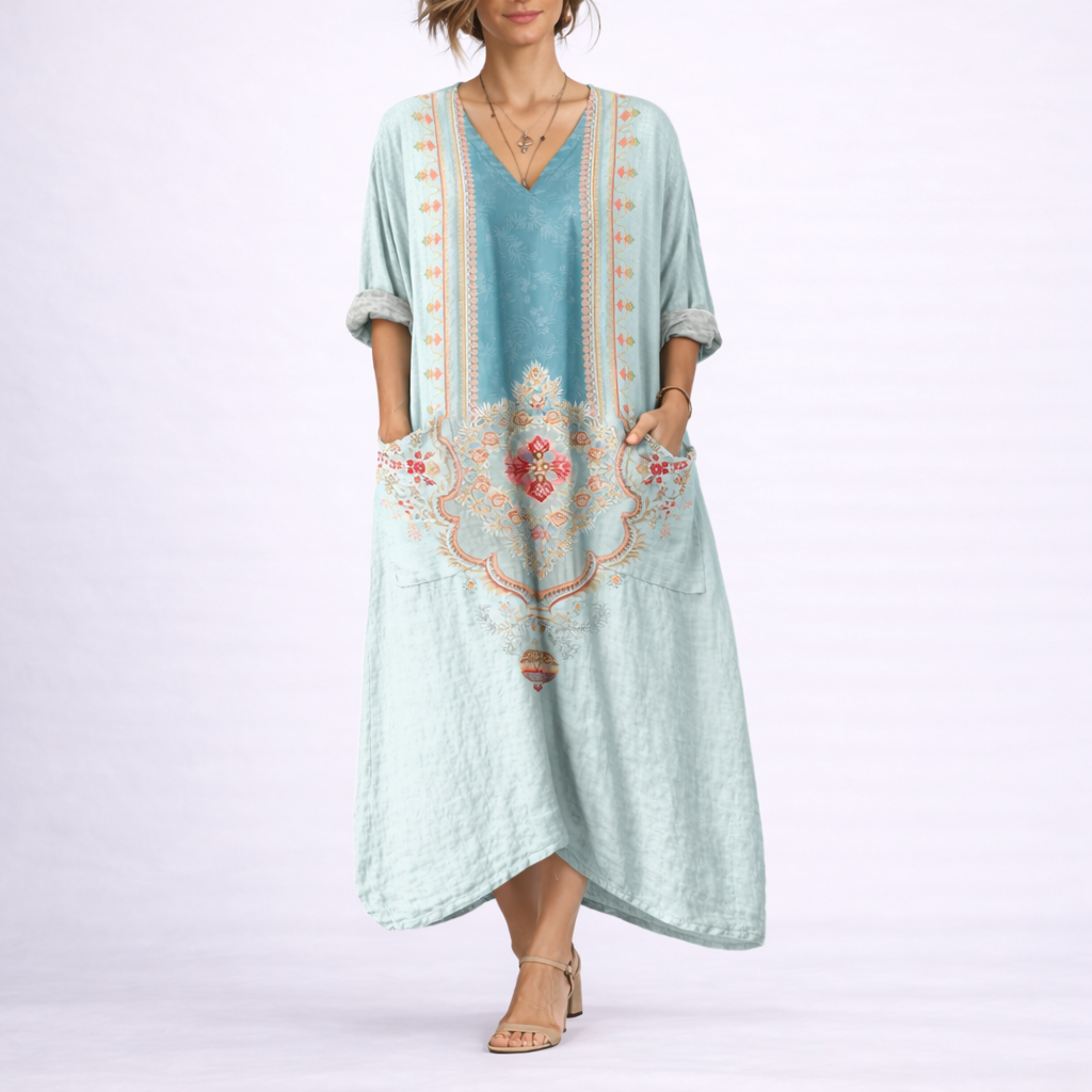 Μάξι φόρεμα Boho γυναικείο με κεντήματα και μανίκια 3/4