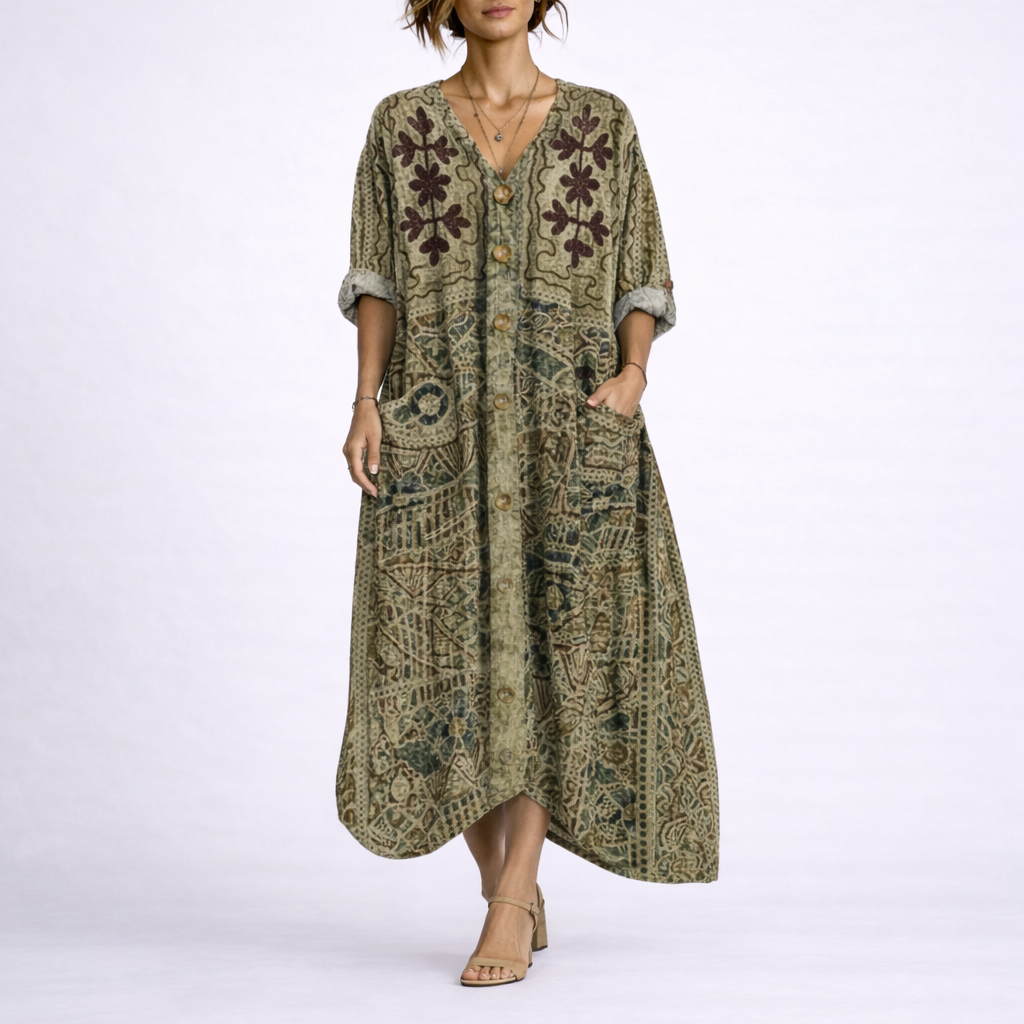 Μάξι φόρεμα Boho γυναικείο με κεντήματα και μανίκια 3/4