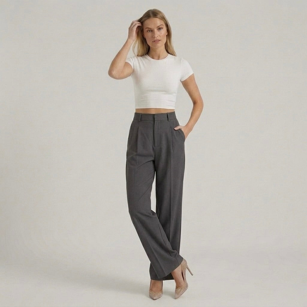 Calças elegantes de senhora de perna larga – calças de cintura subida casual chic
