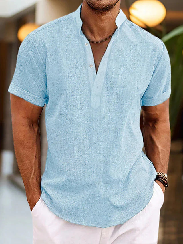 Men's short-sleeve shirt with high collar and V-neck