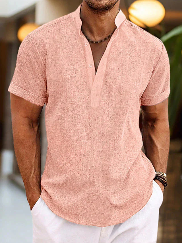 Men's short-sleeve shirt with high collar and V-neck