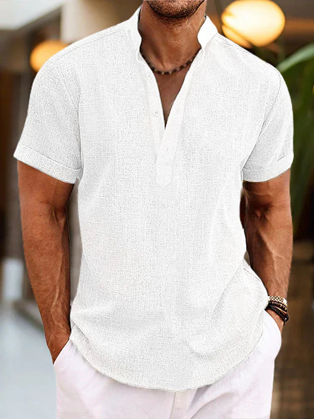 Men's short-sleeve shirt with high collar and V-neck