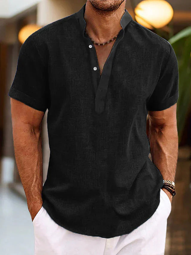 Men's short-sleeve shirt with high collar and V-neck