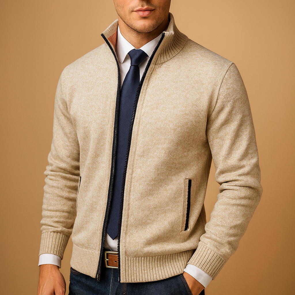 Cardigan da Uomo con Zip Intera e Collo Alto in Maglia