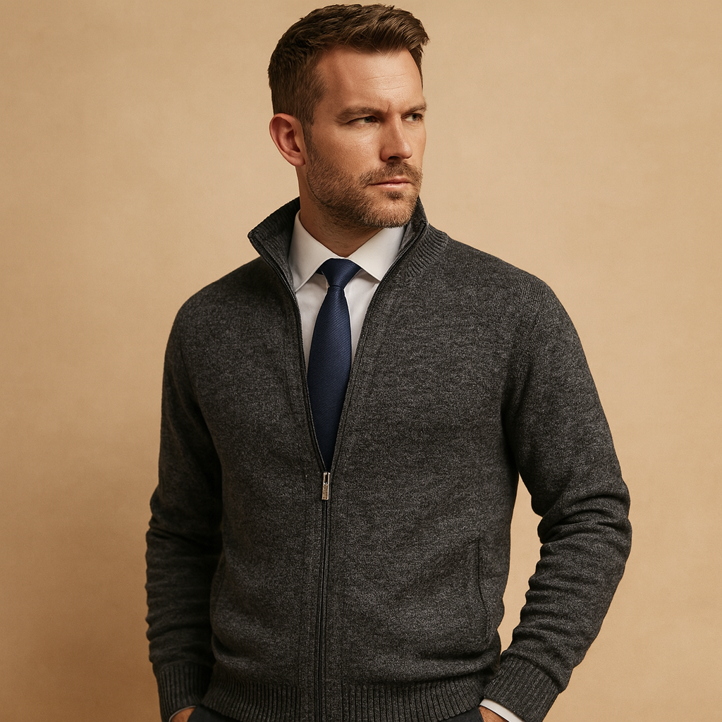 Cardigan da Uomo con Zip Intera e Collo Alto in Maglia
