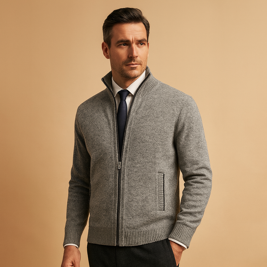 Cardigan da Uomo con Zip Intera e Collo Alto in Maglia
