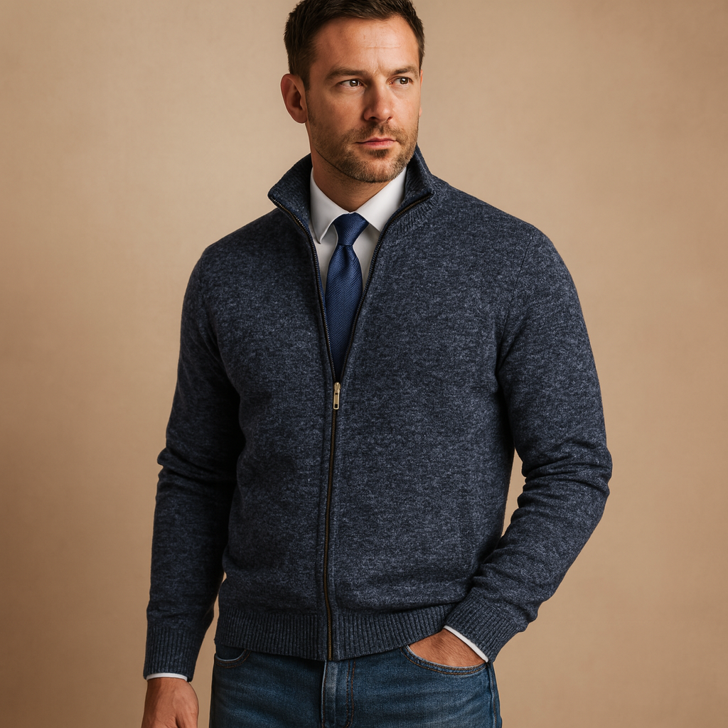 Cardigan da Uomo con Zip Intera e Collo Alto in Maglia