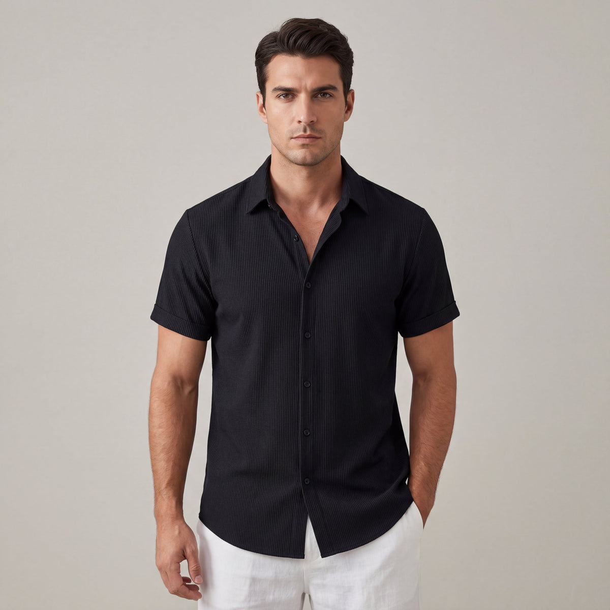 Chemise pour homme à rayures, manches courtes et col classique