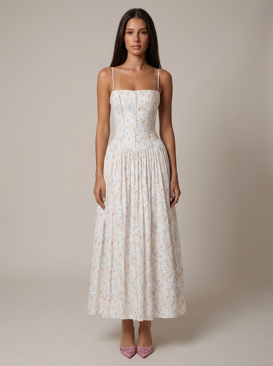 Abito Midi Donna Floreale con Scollo Dritto e Spalline Sottili