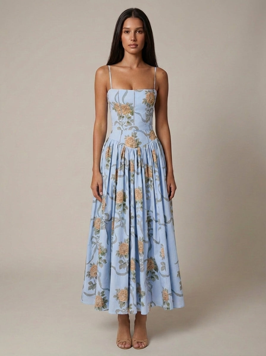 Abito Midi Donna Floreale con Scollo Dritto e Spalline Sottili